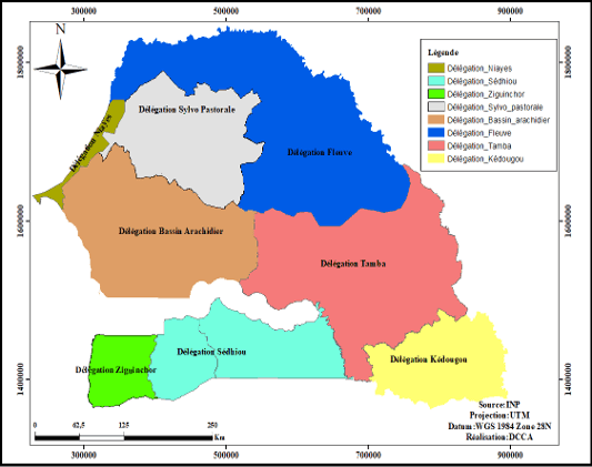Carte pédologique officielle du Sénégal par délégations — Institut national de Pédologie (Source INP, Projection UTM, Datum WGS 1984 Zone 28N, Réalisation DCCA)