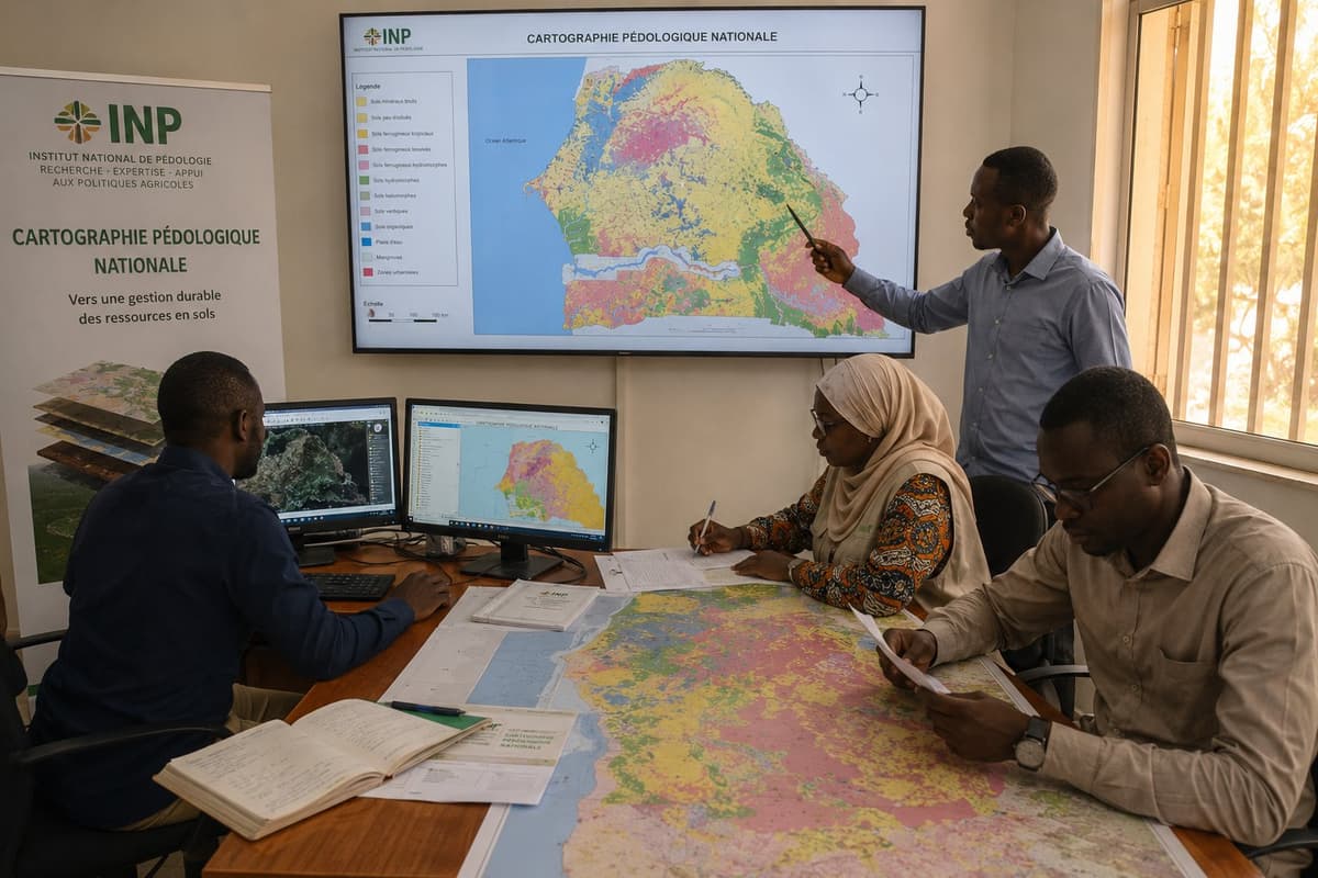 Équipe de l'INP présentant la carte pédologique nationale du Sénégal