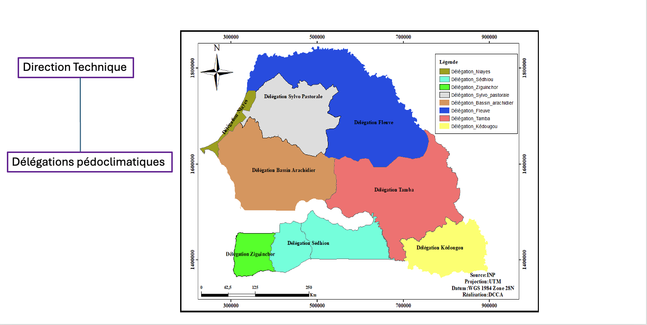Direction Technique et Délégations pédoclimatiques — Carte des délégations de l'INP au Sénégal (Niayes, Sylvo Pastorale, Fleuve, Bassin Arachidier, Tamba, Kédougou, Sédhiou, Ziguinchor)